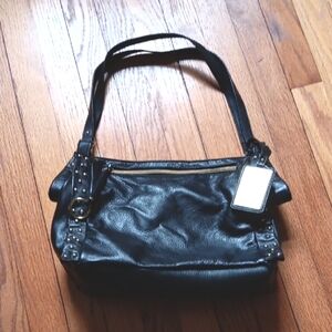 Solina Classic Black Leather Shoulder Bag with Gold Rivets